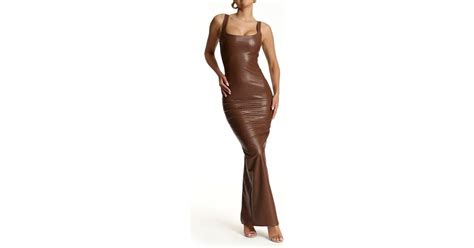Naked Wardrobe Croc Embossed Faux Leather Body Con Dress In Brown Lyst