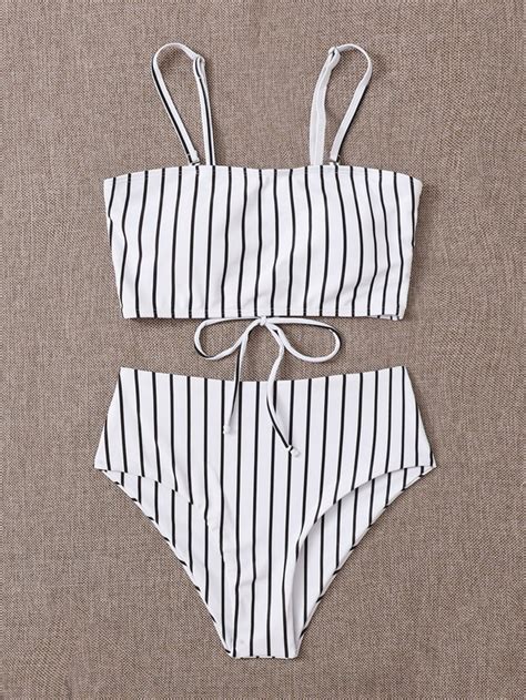 Striped Lace Up Back High Waisted Bikini Swimsuit Shein Usa