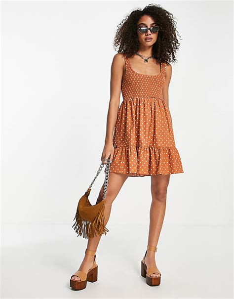 Asos Design Shirred Mini Sundress With Tiers In Rust Spot Print Asos