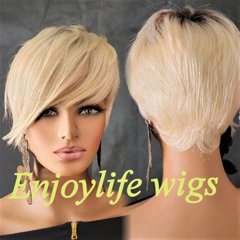 Blonde Dark Root Percent Human Hair Short Sexy Pixie Adjustable Wig Etsy