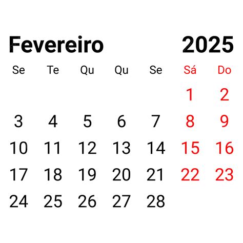 2025 February Portuguese Monthly Calendar Vector, 2025 February
