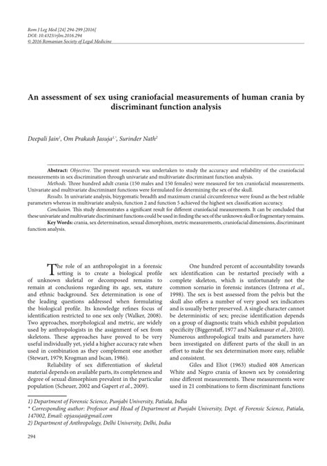 PDF An Assessment Of Sex Using Craniofacial Measurements Of Human Crania By Discriminant
