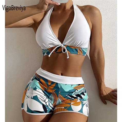 VigoBreviya Print Tied Halter Swimwear Women Sexy High Waist Push UP Shorts Bikini Set