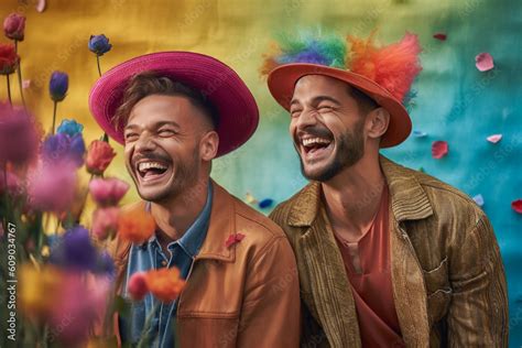 Happy Generative AI Gay Couple With Rainbow Flag Color Pattern Inclusive Society With Equal