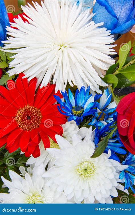 Close Up Of Bouquet Of Red White And Blue Patriotic Labor Day Flowers