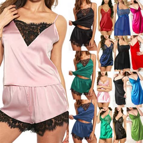 Femmes Satin Soie Dentelle Caraco Short Lingerie Pyjama Ensemble Pyjama De Nu Eur