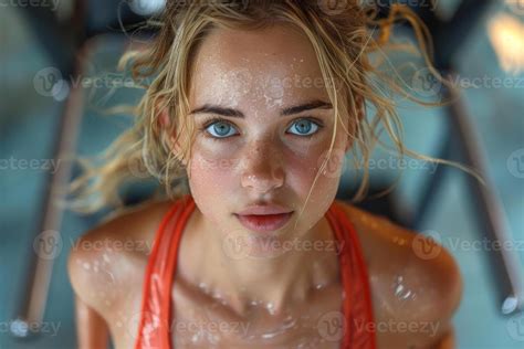Woman Sweating After Intense Workout A Woman With Blonde Hair And Blue Eyes Looks Intensely At