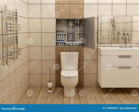 Opened Secret Door that Hides Drainage Pipes in Bathroom Interior Stock ...