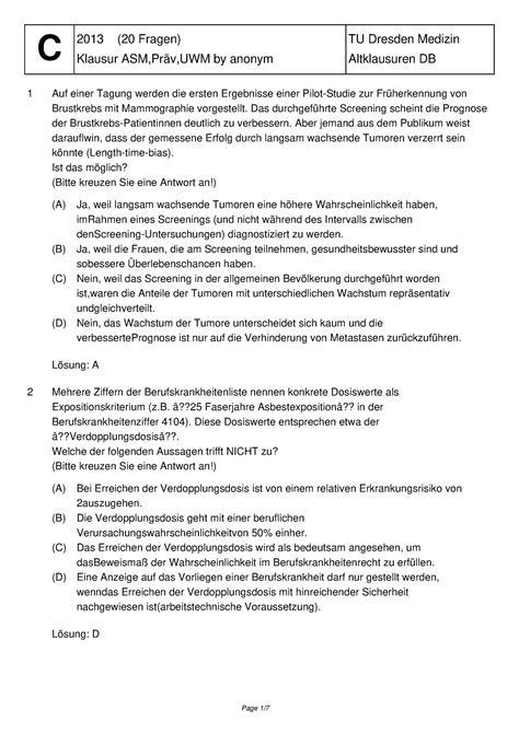 Klausur 22 November 2013 Fragen und Antworten C Klausur ASM Präv UWM