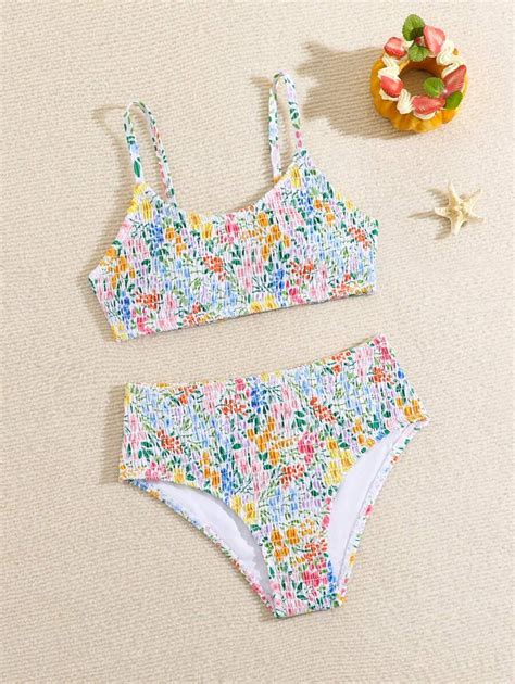 SHEIN Conjunto de Bikini estampado floral para menina tween estilo de férias SHEIN Brasil