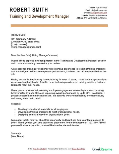 Training And Development Manager Cover Letter Examples Qwikresume