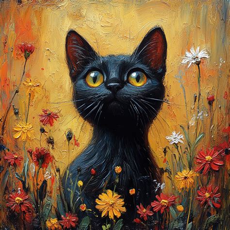 black cat  sunflowers painting black cat  autumn flowers cat