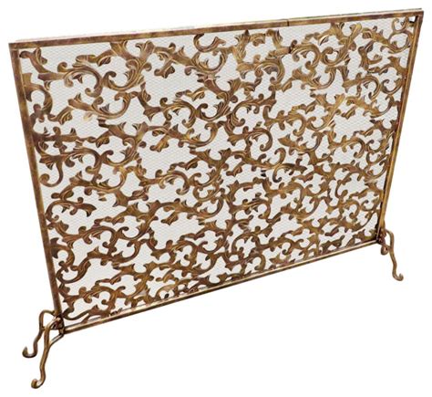 Leaf And Scroll Gold Single Panel Flat Fireplace Screen Ornate Swirl