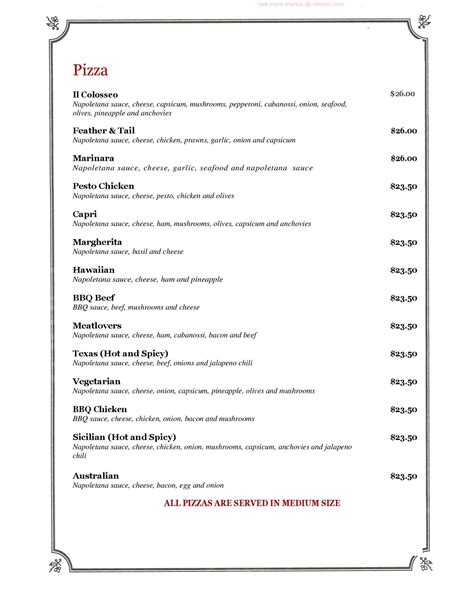 Menu at IL Colosseo pizzeria, Taree