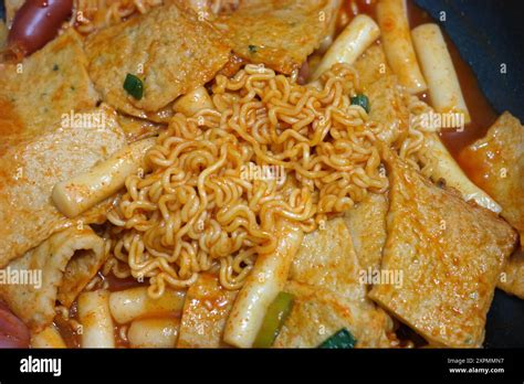 Korean Food Tteokbokki Stir Fried Rice Cakes And Fish Cakes In A Sweet