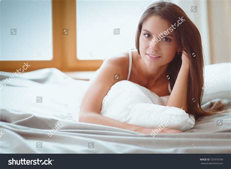 Beautiful Brunette Lying On Bed Home Stock Photo 725370799 Shutterstock