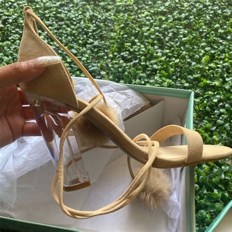 Shoes Nude Suede Sexy Heels With Clear Bottom And Tie Up With Pom Poms Poshmark