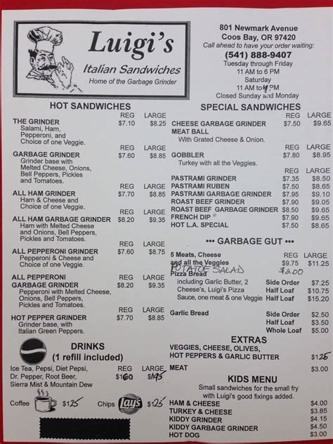 Menu at Luigi’s restaurant, Coos Bay