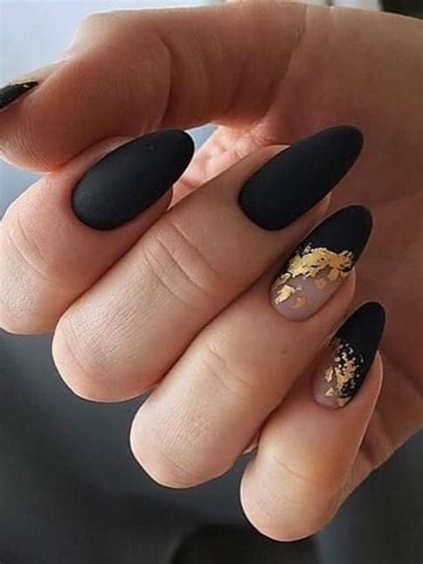 Matte Black Nails With Gold Foil Frensh Nails Matte Black Nails Black