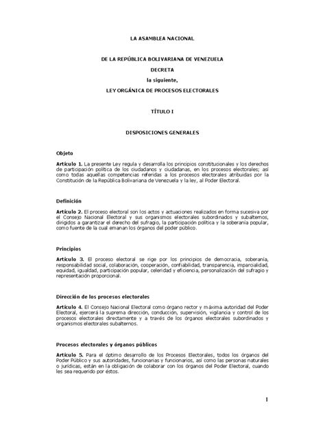 Ley Organica De Los Procesos Electorales LA ASAMBLEA NACIONAL DE LA