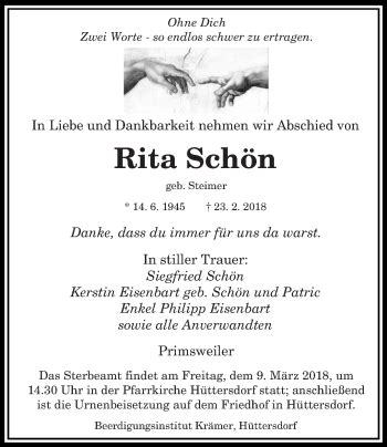 Traueranzeigen von Rita Schön Saarbruecker Zeitung Trauer de