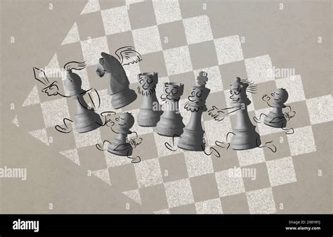 Funny cartoon chess pieces running on the chessboard, vintage style ...