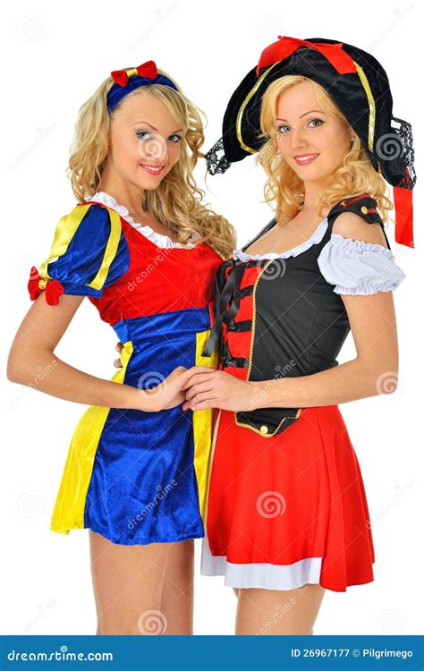 Twee Mooie Blonde Vrouwen In Carnaval Kostuums Stock Afbeelding Image