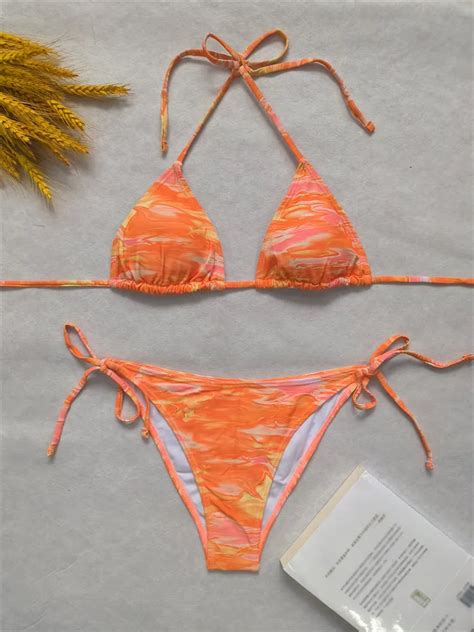 Vigoashely Print Tied Halter Bikini Set Sexy High Cut Swimsuit Push Up Backless Swimwear