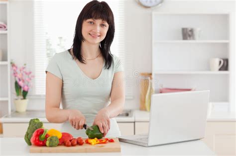 Smiling Brunette Woman Cooking Stock Photo Image Of Living Inside 20099550