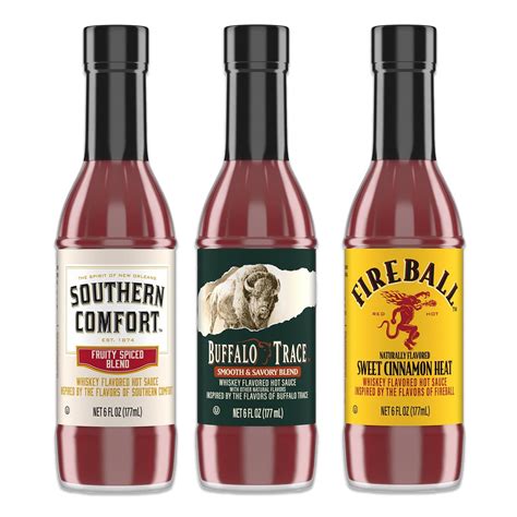 Bourbon Flavored Hot Sauce Set Variety Pack Of 3 Including Southern Comfort Fireball And