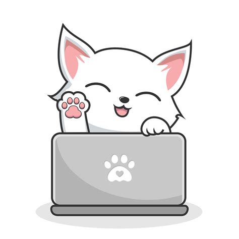 White Cat Playing Laptop Notebook Cute White Pussy Cat Waving Paws Cartoon 23634050 Vector Art