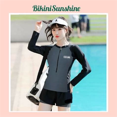 Có size Bikini đồ bơi nữ đi biển 2 mảnh năng động Dây khóa kéo dài tay Quần 2 Lớp Kín Đáo