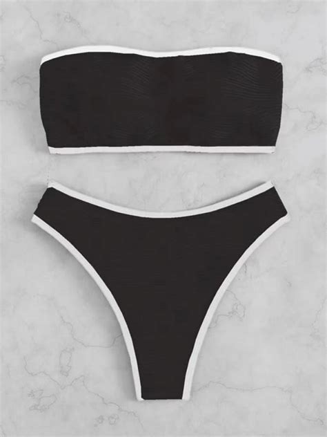 Deng Sexy Bandeau High Waist Bikini Women Triangle Swimsuit Stitch Detail Swimwear Padded