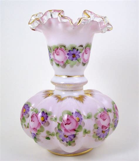 Vintage Hand Painted Fenton Vase 8 Pink Cased Glass Etsy