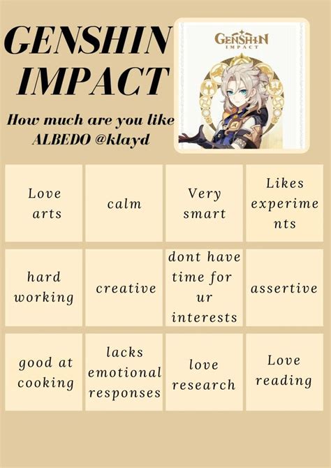 Genshin Impact Bingo Albedo Bingo Bingo Cards