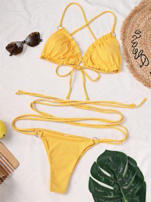 Brazilian Micro Bikini 2022 Mujer Sexy String Swimsuit Pleated Ribbed Bikini Set Yellow Swimwear