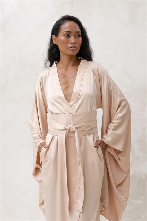 Long Beige Silky Satin Kimono Dressing Gown Identity Lingerie
