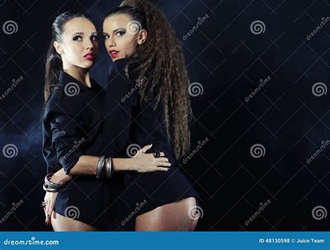 Two Dancing Woman In Black Lingerie Stock Photo Image Of Female Costume