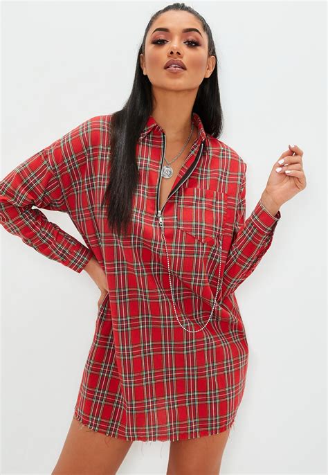 Diy Chain Detail Attach With Lobster Claw Clasp Red Long Sleeve Plaid Shirt Dress Missguided