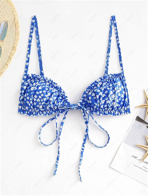 26 OFF 2022 ZAFUL Ditsy Print Ruffle Tie Front Bikini Top In BLUE ZAFUL