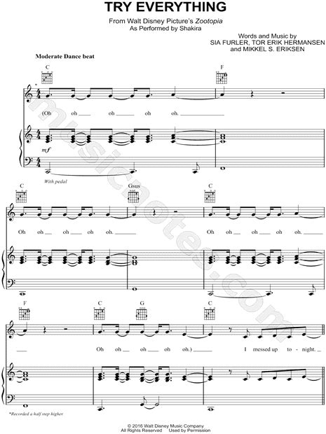 Shakira Try Everything Sheet Music In C Major Download And Print