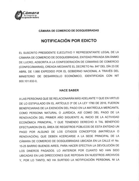 Notificación Por Edicto Cámara De Comercio De Dosquebradas