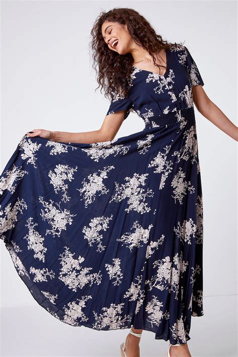 Floral Print Shirred Waist Maxi Dress In Navy Roman Originals Uk