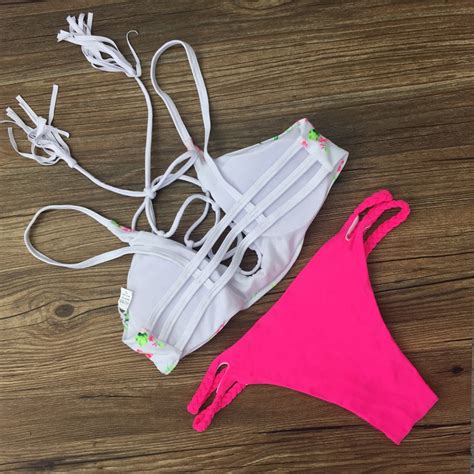 Str J K Pielowy Bikini Neon Floral Sexy Straps L Bibelocik Bibelocik