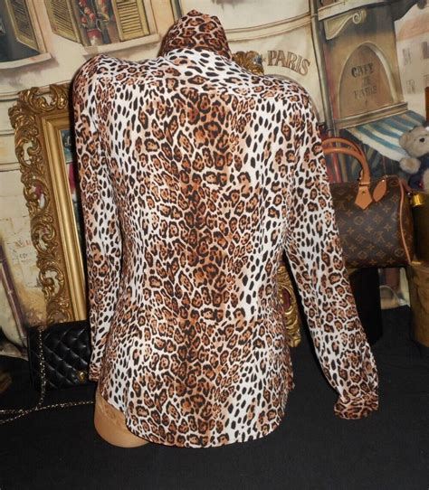 10 M Silky Pussy Bow Blouse Leopard Cheetah Long Slee Gem