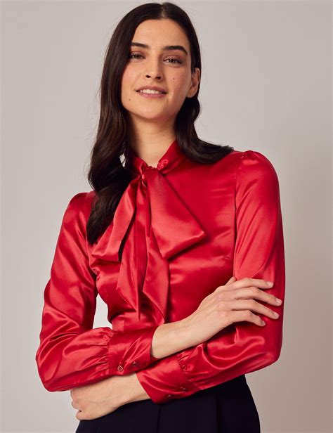 Womens Red Fitted Luxury Satin Blouse Pussy Bow