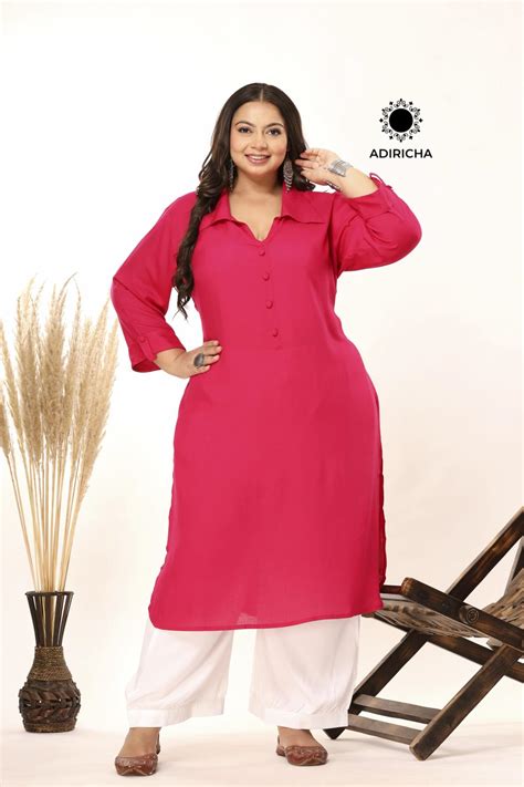 Shop Now Plus Size Rani Pink Shirt Collar Kurti With Pathani Salwar ...