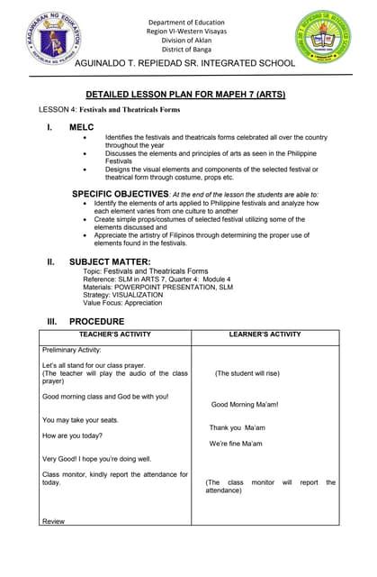 Detailed Lesson Plan For Mapeh 7 Cot Docx