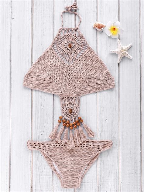 Crochet High Neck Openwork Bikini Set Khaki White Crochet High Neck Crochet Bikini Crochet