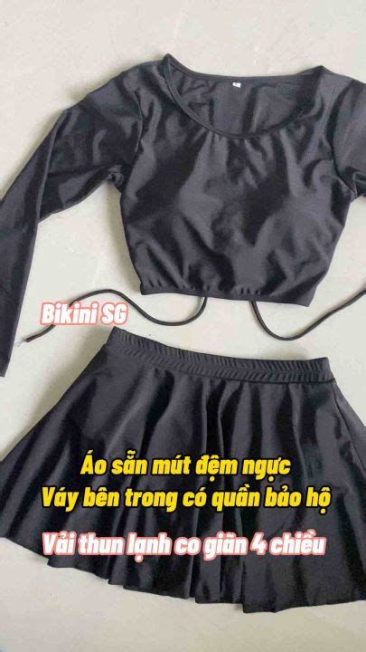 Đồ bơi nữ kín đáo bikini mảnh tay dài phối chân váy xòe màu đen phong cách hàn quốc đi biển
